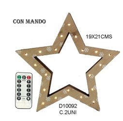 ESTRELLA MADERA C/20LUCES LED C/MANDO (PILA NO INCLUIDA)19X21CMS